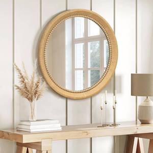 lot 1043 image: 24L x 24W Round Beaded Rattan Mirror 24 in Handmade Rustic Farmhouse Bamboo Wall Mirror - Wood Frame Boho Wicker Mirror for Home DecorFarmLiving RoomBedroom