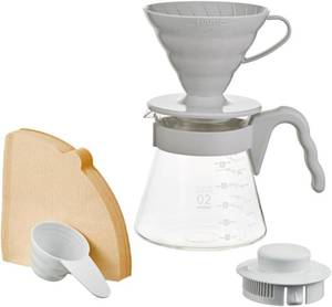 lot 2125 image: Hario V60 Pour Over Starter Set with Dripper, Glass Server, and Filters, Size 02, Pale Grey