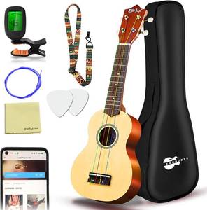 lot 2127 image: 21 inch Everjoys Soprano Ukulele Beginner Pack-21 Inch wRainbow String Free Online Lesson Gig Bag Digital Tuner Pick All in One Kit