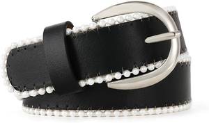 lot 3077 image: Womens Black Leather Belt with Silver Buckle and Pearl Embellishment - Perfect for Pants and Dresses