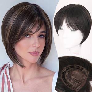 lot 3102 image: Oseti Hair toppers for Women Synthetic Short Bob Hairpiece with Bangs for Thinning Hair - Short Straight Dark Brown Topper Side Part Hairpieces
