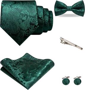 lot 3156 image: JEMYGINS Mens Paisley Tie and Pre-tied Paisley Bow Tie with Pocket Square Cufflinks Clip Set