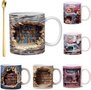 lot 3198 image: One Size 3D Bookshelf Mug - A Library Shelf Cup, Give a Stainless Steel Square Head Golden Exquisite Spoon,Creative Space Design Multi-Purpose Ceramic Mug, Christmas Gifts for Readers Bookish 3D White Mug (C)