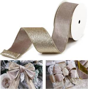 lot 3202 image: Taupe Velvet Wired Ribbon with Glitter Back 2.5 Inch Camel and Gold Christmas Ribbon Wired Taupe Ribbon for Christmas Tree, Gift Wrapping, Mantel, Wreaths Supplies, Topper Bows (10 Yards)