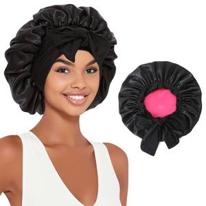 lot 3260 image: Satin Silk Bonnet Hair Beanies for Sleeping Jumbo Sleep Cap, Black Wrap for Women Curly Hair, Double Layer Bonnet with Tie Band