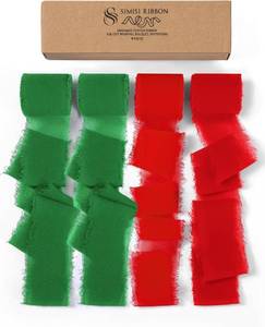 lot 3266 image: Lot Of 2 Christmas Green & Red Chiffon Ribbon Handmade Frayed Fringe Sheer Boho Silk Ribbons for Gift Wrapping, Floral, Wedding Invitations, Bouquet, 1-12 5 Yards4 Rolls