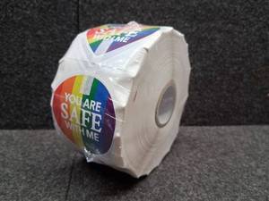 lot 4032 image: LGBTQ Pride Flag 2 inch Stickers, You Are Safe with Me, 1000 pcs, Heart & Circle Shapes, Waterproof, Vinyl, Reusable Laptop, Water Bottle & More Sticker Roll