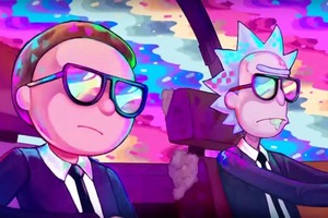 lot 4083 image: Cartoon Diamond Painting Kit, (B20971) Run The Jewels Team Up With Rick and Morty to Take Out Some Aliens in Oh Mama Video Interior, Size 12 x 16 Inch.