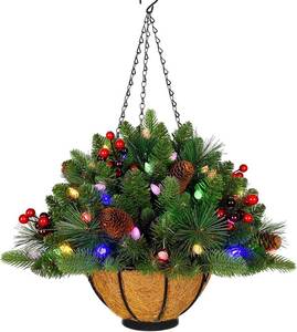 lot 4106 image: 18 Inches Pre-lit Artificial Christmas Hanging Basket with Red Berries, Pine Cones,40 C3 Dual-Color Multi-Functional Battery Operated LED Lights with Timer
