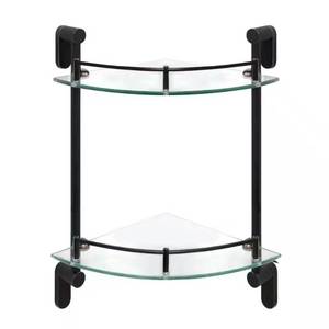 lot 5031 image: Oval 10.5 in. W Double Glass Corner Shelf with Pre-Installed Rails in Rubbed Bronze