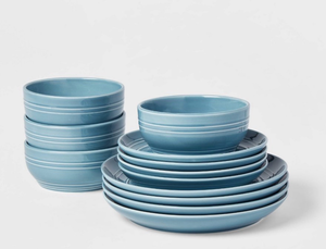 lot 507 image: 12pc Stoneware Westfield Dinnerware Set Blue - Threshold�� Solid Dish Set, Microwave & Dishwasher Safe, Service for 4