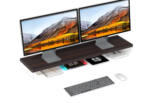 lot 517 image: Dual Monitor Stand Riser, 40 Large Computer Monitor Stands for 2 Monitors, Wooden Desktop Organizer Shelf for Office Desk Computer, Laptop, TV, Monitor, Printer - Retail $0