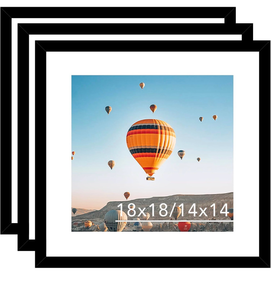 lot 527 image: 18x18 Picture Frame Set of 3 Black with 14x14 Mat, Display Photo 14x14 with Mat or 18 x 18 Without Mat, Wall Hanging Large 18x18 Poster Frame with Shatter Resistant Plexiglass, 3 Pack, Black - Retail $0