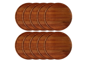 lot 531 image: Rtteri 10 Pieces Acacia Round Wood Plates 14 x 0.6 Inch Dinner Plates Wooden Charger Platter Bulk Easy Cleaning Lightweight Serving Tray for Dishes Snack Dessert - Retail $0