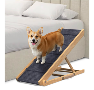 lot 538 image: Adjustable Dog Ramp for Bed - Foldable Wooden Ramp for Dogs to Get on Bed, Couch, or Car with 13.4 Wide Walking Space (Natural Wood with Gray Carpet, Medium) - Retail $0