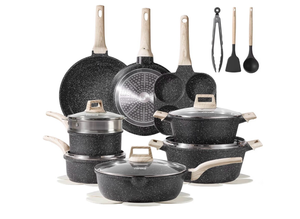 lot 542 image: CAROTE 21pcs Pots and Pans Set Nonstick, Cookware Set Black Granite Induction Kitchen Cooking Set wFrying Pans & Saucepans(PFOS, PFOA Free) - Retail $0