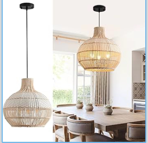 lot 577 image: 15 Rattan Pendant Light Fixture,3-Light Hand-Woven White Wicker Basket Chandelier Boho Faux Rattan Hanging Lamp,for Dining Living Bedroom Kitchen1-Pack - Retail $0