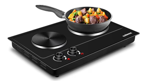 lot 584 image: CUSIMAX Hot Plate, 1800W Electric Burner Double Hot Plate for Cooking Countertop Burner with Adjustable Temperature Control, Portable Electric Cast Iron Hot Plates Cooktop, Easy to Clean, Black - Retail $0