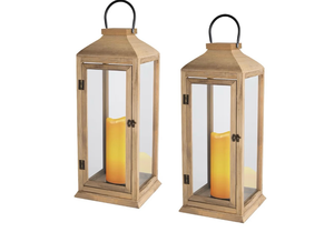 lot 585 image: Bdor 2 Pack Large 22.5 Inch Decorative Lanterns with Flameless Pillar Candles, IP65 Waterproof Black Metal Lanterns for Home Decor, Indoor Outdoor, Front Porch, Garden, Farmhouse, Wedding Use - Retail $0