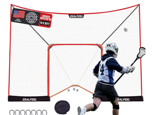 lot 586 image: Lacrosse Backstop Net 14x10FT, Extra Large Coverage with 14mm Foam-Wrapped Fiberglass Pole for Shooting Training, 4-Strand Tear-Resistant Netting, Sandbag & Stakes(Lacrosse Goal NOT Included) - Retail $0