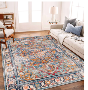 lot 589 image: Washable Area Rug 10x14 Boho Chic Medallion Distressed Design Non-Shedding Easy Care Ideal for High Traffic Areas in Living Room Bedroom Office Coffee Table Large Carpet - Retail $0