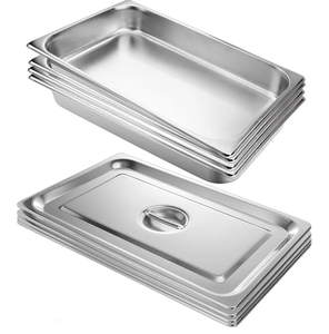 lot 595 image: VOISEN Hotel Pans with Lids 4 Pack 11 Size 2.5 Deep, 1.2mm Thick Steam Table Pans Full Size, Commercial Food Pan for Catering Buffet Chafing Dish Pan,20.87x12.8x2.5 - Retail $0
