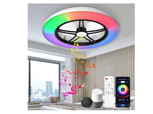 lot 602 image: BAYSQUIRREL Wifi Low Profile Ceiling Fan with Light,Bluetooth Speaker Ceiling Fan 20In Smart Bladeless Ceiling Fans with AlexaGoogle AssistantApp Control,6 Speed Dimmable LED-RGB Lights - Retail $0
