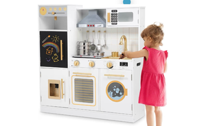lot 615 image: Wooden Play Kitchen for Kids, Upgrade Chef Imaginative Play Kitchen, with Realistic Appliances Lights & Sounds, Smart Storage New Modern Toddler Kitchen Toy (Ages 3) - Retail $0