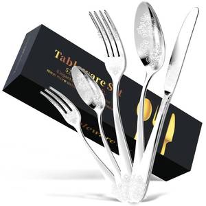 lot 9036 image: 30-Piece Stainless Steel Silverware Set, Elegant Floral Engraved Cutlery Flatware Set for 6, Durable Tableware Utensil Sets Silver Include Fork Spoon Knife with Mirror Polish