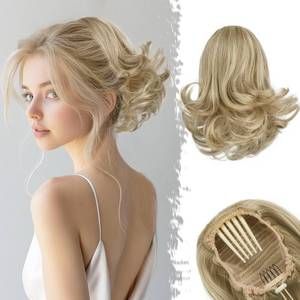 lot 9039 image: BARSDAR Short Blonde Wavy Drawstring Ponytail - 10 Inch Synthetic Comb Clip In Hair Extensions - Light Ash Blonde with Highlights