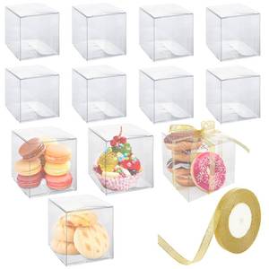 lot 9065 image: WOPPLXY 50 Pack Clear Favor Boxes with Gift Ribbons, 3x3x3 Inches Transparent Plastic Gift Boxes, Party Favor Boxes, Clear Cube Treat Boxes for Candy, Individual Cupcake & Macaron, Chocolate Bomb