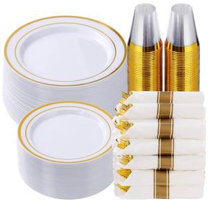 lot 9072 image: Goodluck 350 Piece Gold Plastic Dinnerware Set for 50 Guests, Fancy Disposable Plates for Party, Include 50 Dinner Plates, 50 Dessert Plates, 50 Pre Rolled Napkins with Silverware, 50 Cups