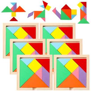 lot 9075 image: Meooeck 6 Pcs Tangrams Set Wooden Puzzles Tangrams Puzzle Brain Logic Blocks with 7 Colored Pieces Each, Fun Educational Gifts for Adults(Notch Style)