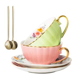 lot 9081 image: A-SZCXTOP Porcelain Tea Cup Set of 2, Ceramic Coffee Cups (8 oz) with Saucers & Spoons & Gift Box, European Royal Coffee Mugs, China Porcelain Tea Set (PinkLight Green) NO SPOONS