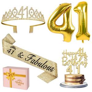 lot 9090 image: 41st Birthday Decorations for Women Gold with 41st Birthday Sash and Tiara, Cake Topper and Candles, Number Balloons, 41 Year Old Gifts for Women
