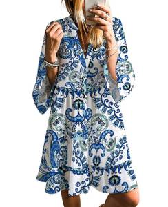 lot 9096 image: SELINK Womens Long Sleeve Dresses Casual V Neck Tribal Print Button Flowy Boho Mini Beach Dress White Blue Tribal-L