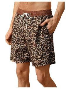 lot 9097 image: BEAUDRM Mens Leopard Swim Trunks Hawaiian Beach Shorts Cheetah Swimsuit Drawstring Waist Bathing Suit Board Shorts Brown Medium