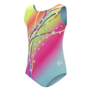 lot 9098 image: GK Stars Gymnastics & Dance Leotard for Girls and Toddlers - Activewear One Piece Outfit in Fun Colorful Prints (Child Large, Rainbow Starburst)