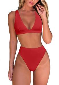 lot 9099 image: Sexy V Neck Bikini Sets for Women Triangle Bikini Top High Cut Cheeky Thong Bottom 2pcs Swimsuit Swimwear Red L