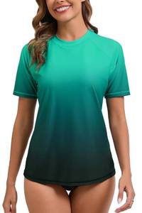 lot 9151 image: Halcurt Womens Short Sleeve Rash Guard Swimsuit Top with Built in Bra Swim Shirt UPF50 Quick Dry Bathing Suit Ombre Green XL