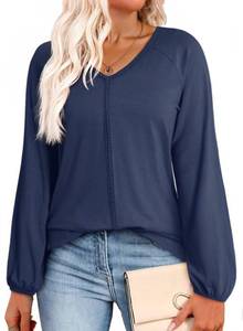 lot 9152 image: Dokotoo Ladies Tops and Blouses Fashion V Neck Long Sleeve Tops Fall Outfits for Women 2025 Fall Tops Blue Large