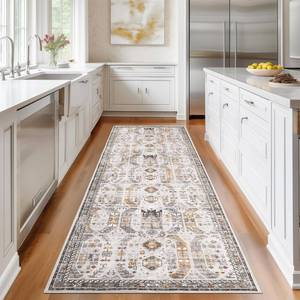 lot 9160 image: Madane Runner Rug 26x8 Kitchen Runner, Hallway Runner Printed Vintage Washable Rugs Soft Non-Slip Low Pile 2.5x8 ft Runners for Hallways Laundry Room Rug Distressed Rug, BrownGold