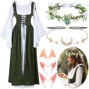 lot 9210 image: Bonuci 6 Pcs Medieval Renaissance Fairy Costume Women Halloween Elf Cosplay Outfits Victorian Dress Elf Ears Fairy Headpiece(XS,Olive Green)