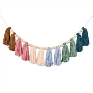lot 9221 image: DrCor Boho Rainbow Tassel Garland Handmade Cotton Yarn Wall Hanging in Earthy Tones for Nursery, Baby Shower &amp Kids Room Decor, Cozy Fall Home Decoration, Autumn Banner &amp Party Backdrop