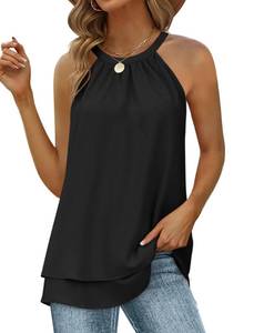 lot 9228 image: Womens Tops Dressy Casual Blouses Black Tank Top Summer 2023 Halter Shirts Flowy Cami L MISSING BUTTON