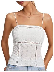 lot 9232 image: MakeMeChic Womens Summer Camisole Tops Crop Spaghetti Strap Frill Trim Sleeveless Eyelet Tank Top White Small