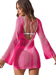 lot 9234 image: Floerns Womens Crochet Cover Up Long Sleeve Hollow Out Bikini Swimsuit Beach Cover Up Swimwear Hot Pink Large