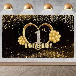 lot 9237 image: Yoaokiy 1st Wedding Anniversary Banner Decorations, Extra Large Happy Anniversary Backdrop Poster Sign Supplies, Gold One Year Decor Photo Props for Outdoor Indoor (6 x 3.6ft)