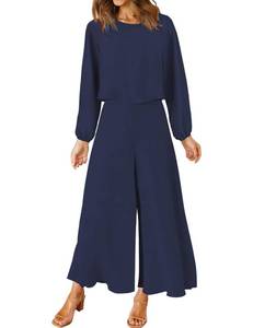 lot 9253 image: ROYLAMP Womens Fall 2 Piece Outfits Long Sleeve Round Neck Crop Top Wide Leg Pants Set with Pockets Navy Blue S PANTS ONLY