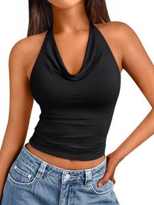 lot 9267 image: Trendy Queen Womens Summer Halter Tops Going Out Crop Top 2025 Fashion Cowl Neck Shirts Backless Sexy Cute Y2K Clothes Basic Sleeveless Vacation Outfits Black XS Black S